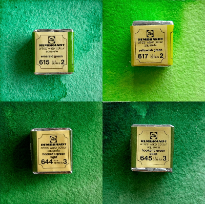 Set of 4 greens - Vintage Rembrandt Watercolor Paints - 1970's/80's